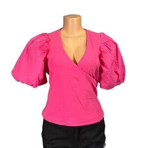 Maeve Anthropologie Hot Pink Wrap Front Puff Sleeve Knit Top Medium‎